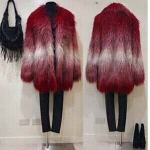 💥INSANELY BEAUTIFUL!💥Faux Curly Mongolian Lamb Fur Coat in Ombré Burgundy Wine